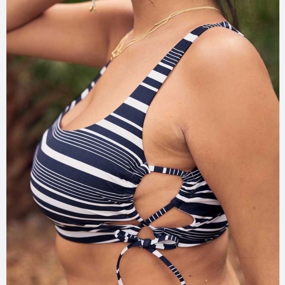 aerie Blue White Stripe Side Lace up Scoop Bikini Top Size S